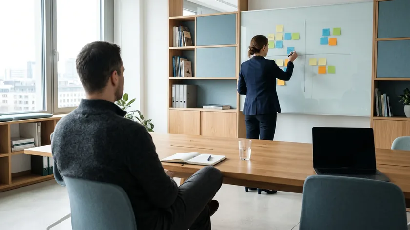 Beraterin sortiert am Whiteboard abstrakte Haftnotizen in eine Vier-Felder-Matrix, ein Unternehmer sitzt am Tisch